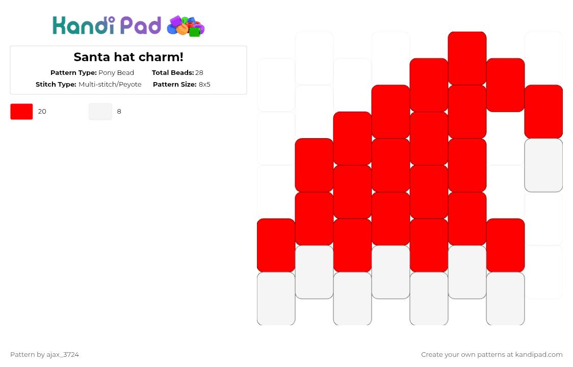 Santa hat charm! - Pony Bead Pattern by ajax_3724 on Kandi Pad - santa,christmas,holiday,red,white,hat