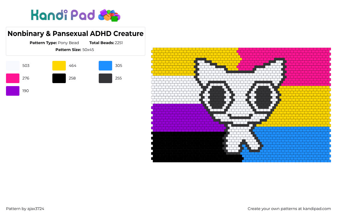 Nonbinary & Pansexual ADHD Creature - Pony Bead Pattern by ajax3724 on Kandi Pad - nonbinary,pansexual,tbh,pride,adhd,creature,panel,colorful,white,yellow,pink,blue,purple