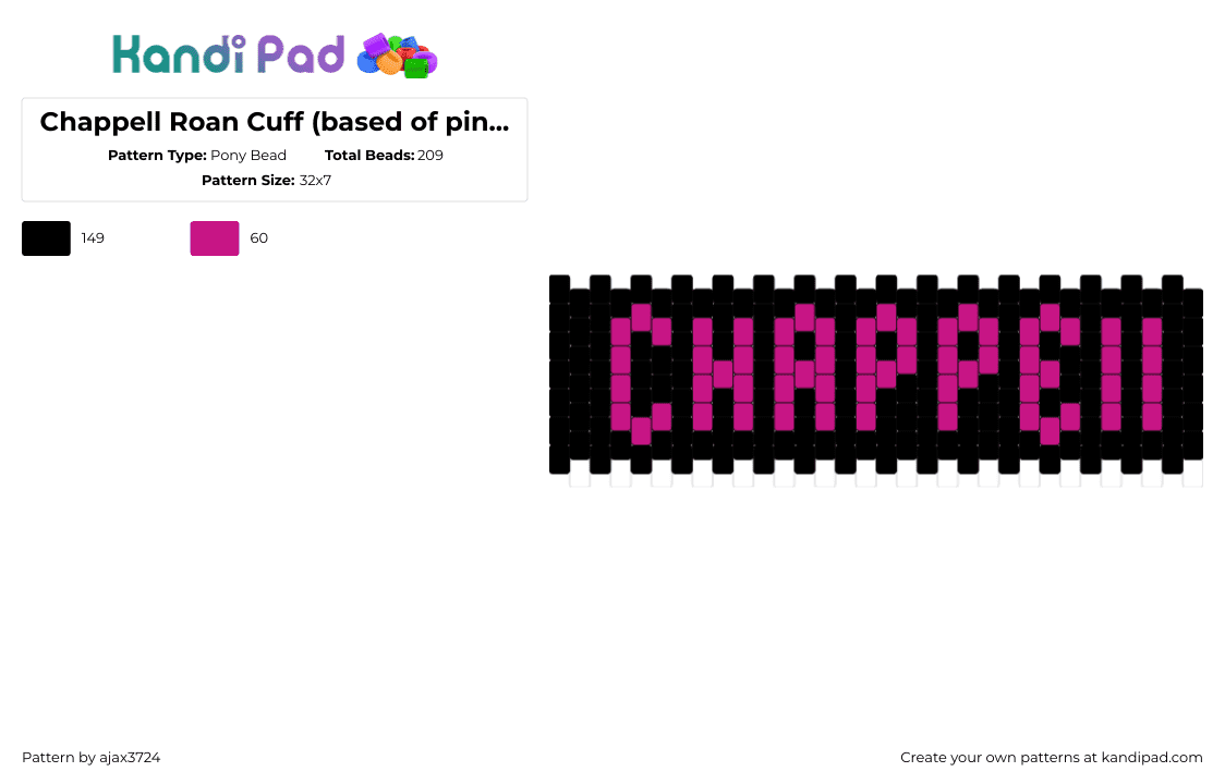 Chappell Roan Cuff (based of pink pony club) - Pony Bead Pattern by ajax3724 on Kandi Pad - chappell roan,text,music,cuff,pink,black