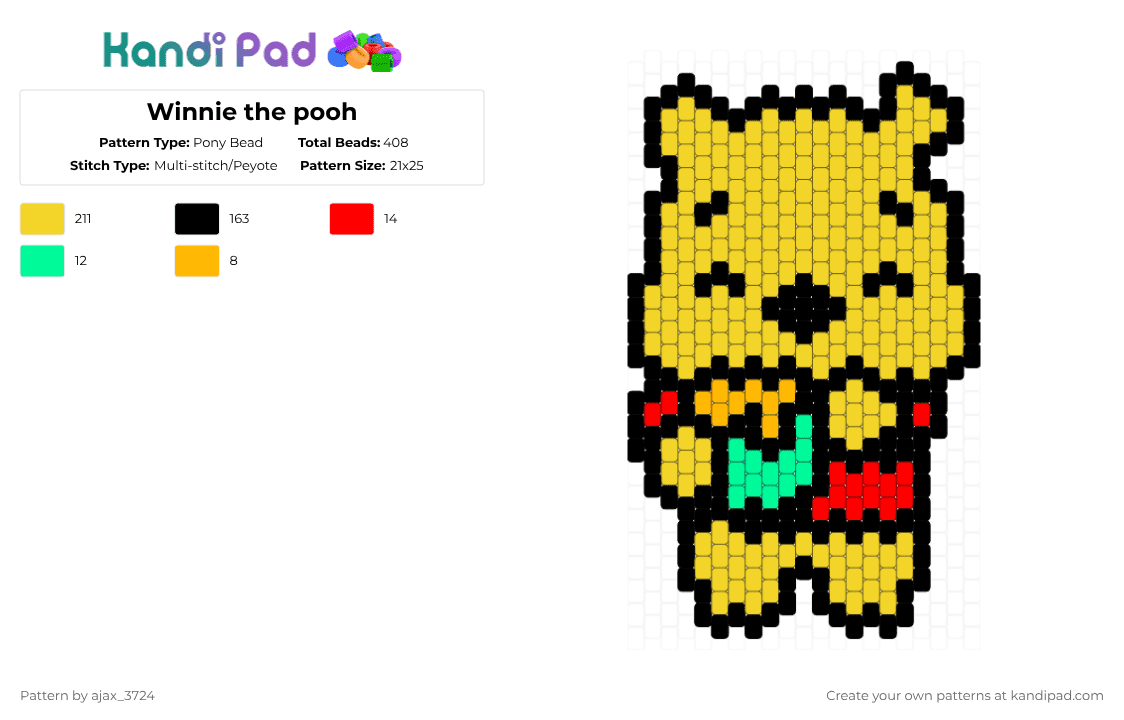 Winnie the pooh - Pony Bead Pattern by ajax_3724 on Kandi Pad - winnie the pooh,bear,character,cute,charm,disney,cartoon,animal,yellow