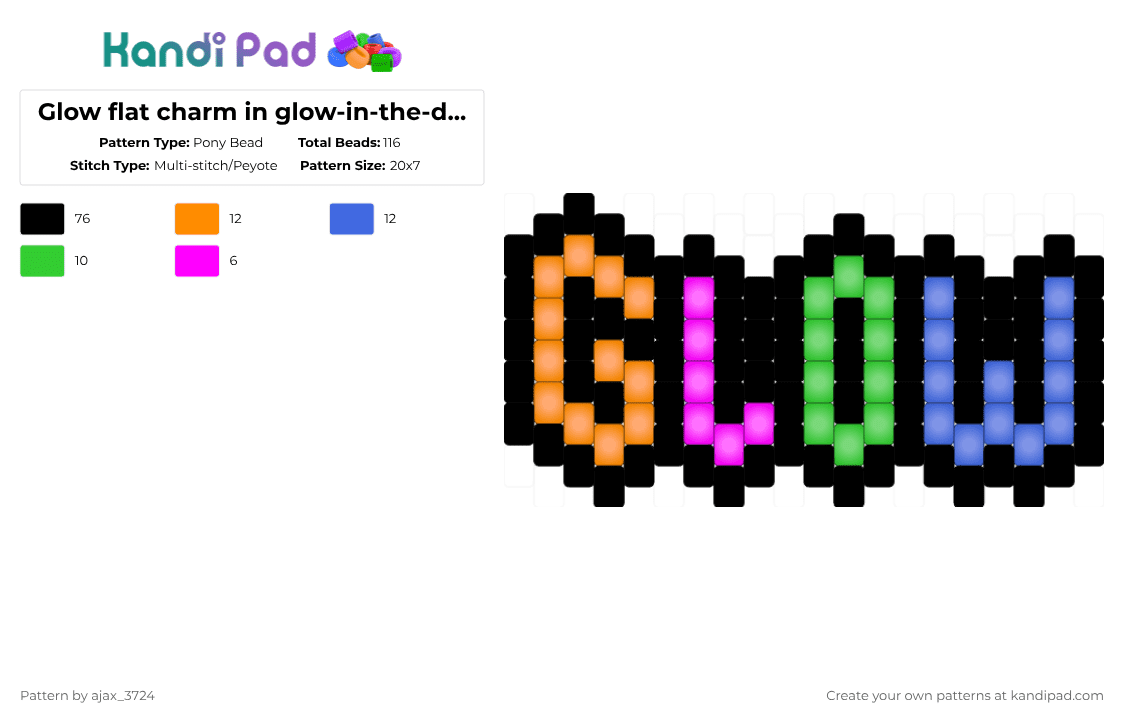 Glow flat charm in glow-in-the-dark beads - Pony Bead Pattern by ajax_3724 on Kandi Pad - black,orange,green,blue