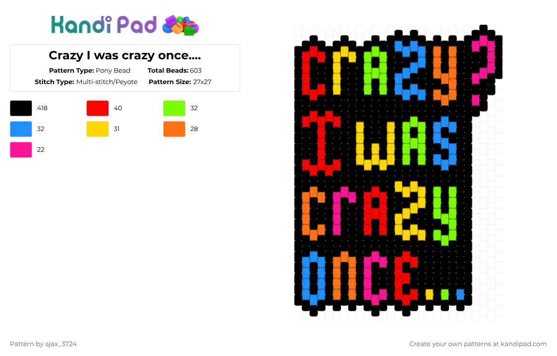 Crazy I was crazy once.... - Pony Bead Pattern by ajax_3724 on Kandi Pad - black,yellow,light blue,colorful