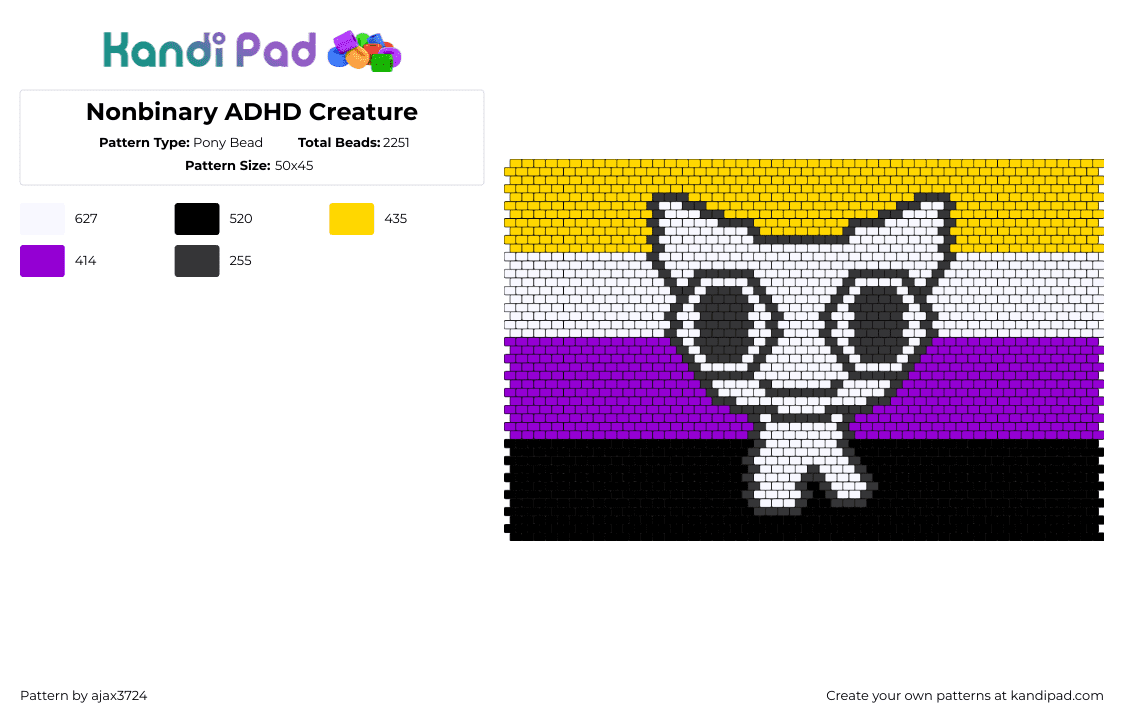 Nonbinary ADHD Creature - Pony Bead Pattern by ajax3724 on Kandi Pad - nonbindary,adhd,pride,creature,community,flag,yellow,purple,black,white