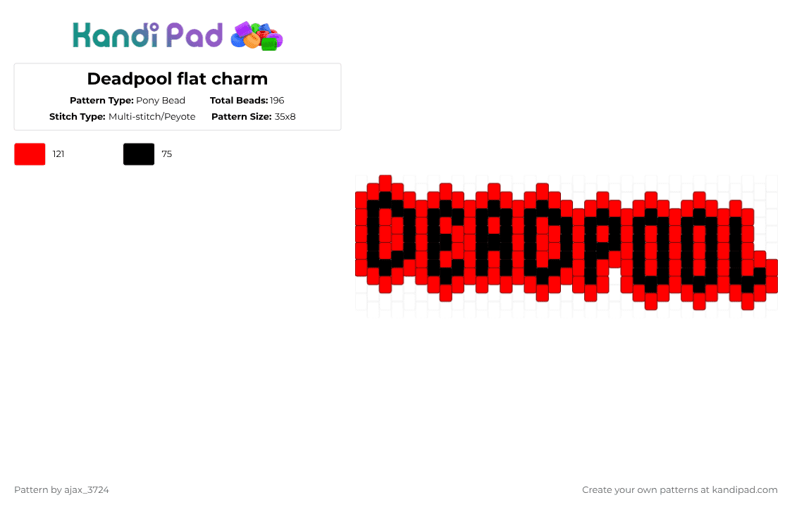 Deadpool flat charm - Pony Bead Pattern by ajax_05072 on Kandi Pad - black, red