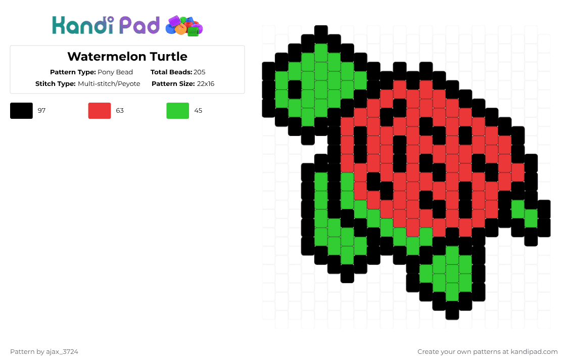 Watermelon Turtle - Pony Bead Pattern by ajax_3724 on Kandi Pad - turtle,charm,watermelon,fruit,animal,food,green,red