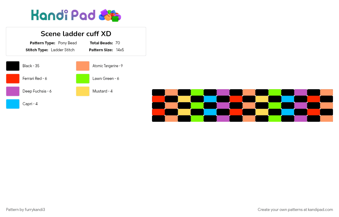 Scene ladder cuff XD - Pony Bead Pattern by furrykandi3 on Kandi Pad - black, colorful, green, orange
