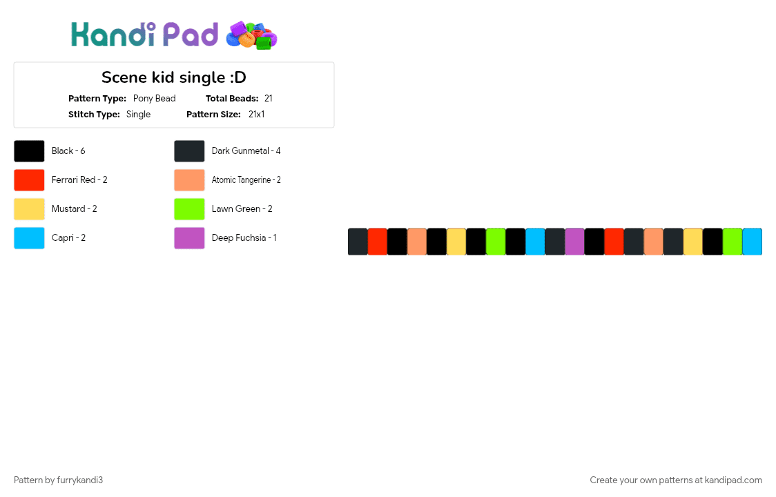 Scene kid single :D - Pony Bead Pattern by furrykandi3 on Kandi Pad - black, colorful, cotdscenekidfashion, green, orange