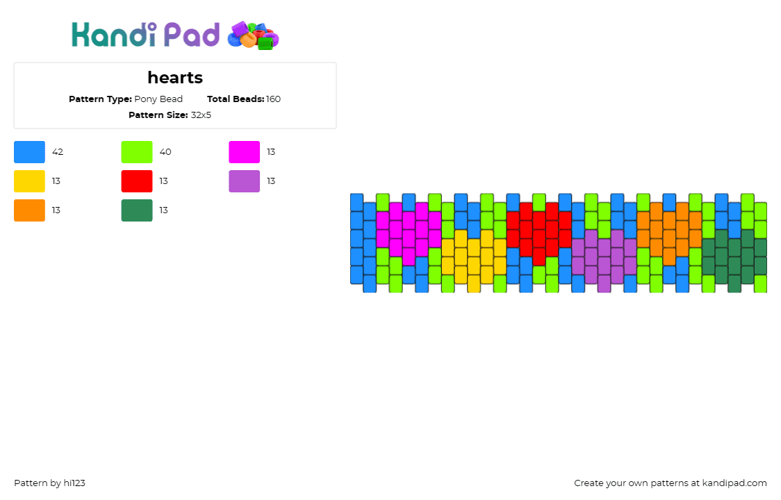 hearts - Pony Bead Pattern by hi123 on Kandi Pad - bright,hearts,spring,colorful,cuff,blue,green