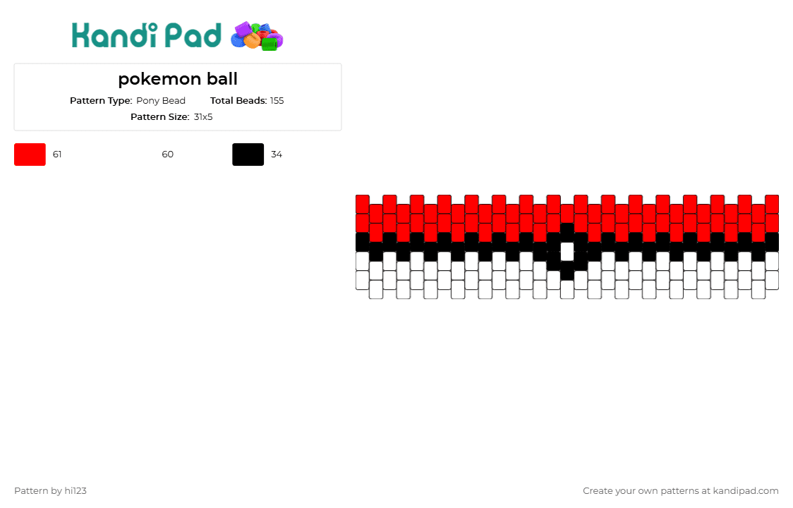 pokemon ball - Pony Bead Pattern by hi123 on Kandi Pad - pokeball,pokemon,cuff,gaming,red,white