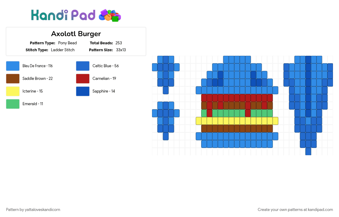 Axolotl Burger - Pony Bead Pattern by yattaloveskandicorn on Kandi Pad - accessory, aussiethepup, axolotl, axolotl burger, blue, burger, fun, kandi, keychain, light blue