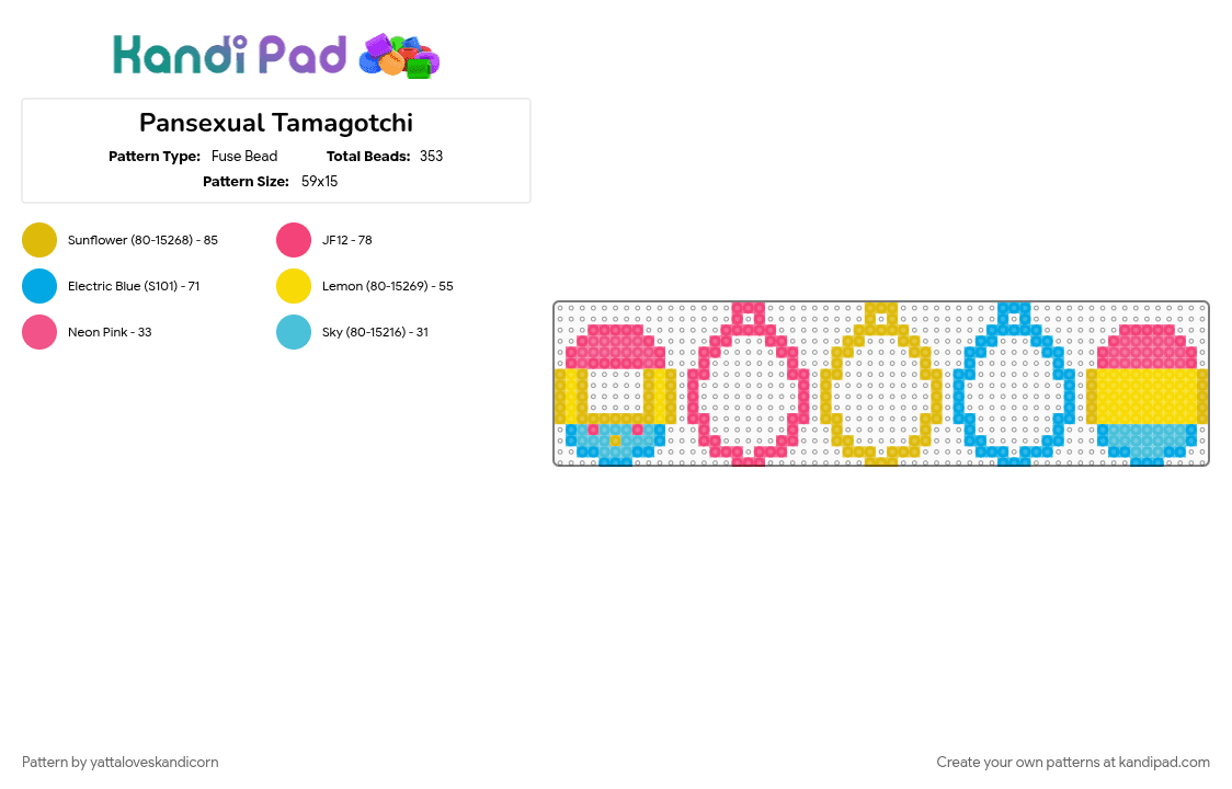 Pansexual Tamagotchi - Fuse Bead Pattern by yattaloveskandicorn on Kandi Pad - pansexual, perler bead, perler charm, perler tamagotchi, pride, tamagotchi, yellow