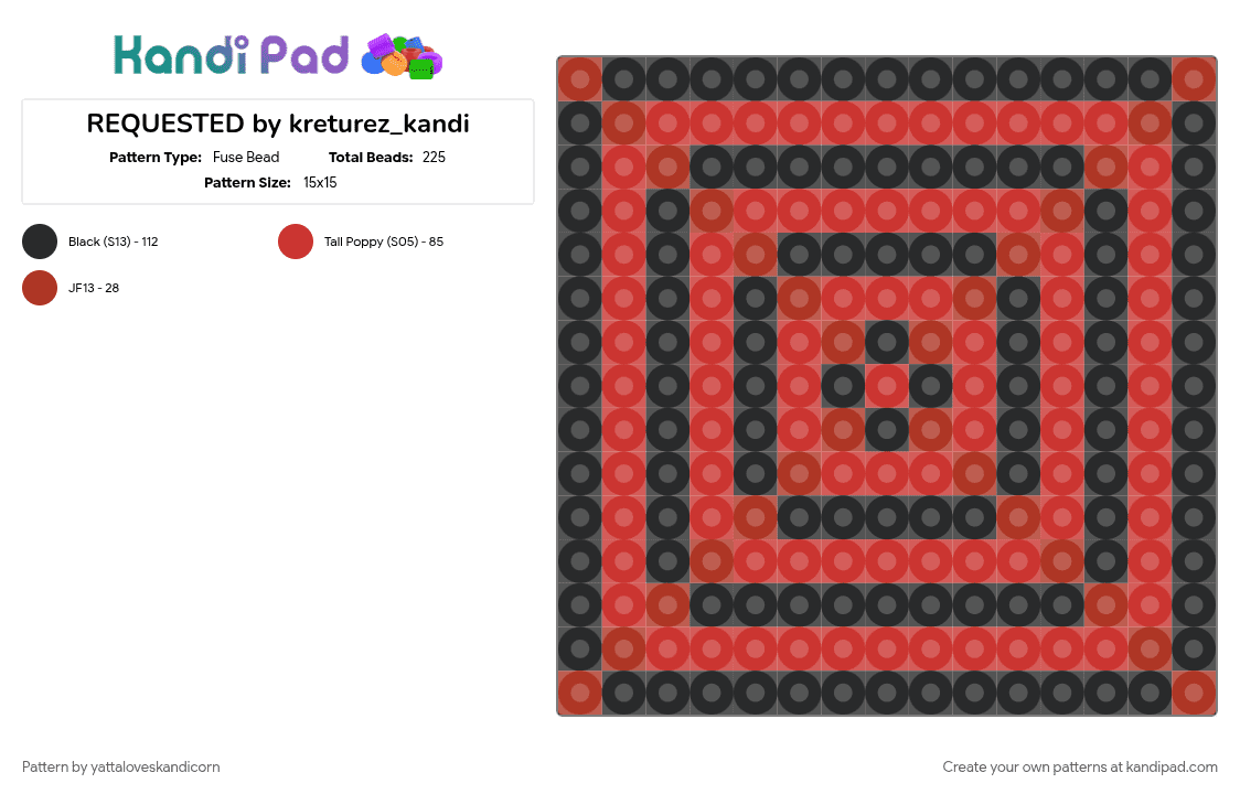 REQUESTED by kreturez_kandi - Fuse Bead Pattern by yattaloveskandicorn on Kandi Pad - black, charm, kandi charm, kreturezkandi, perler bead, perler charm, red