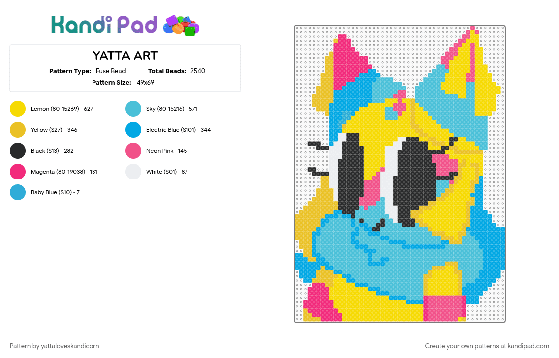 YATTA ART - Fuse Bead Pattern by yattaloveskandicorn on Kandi Pad - blot, circus trio, dandys world, kandi art, kandi charm, light blue, looey, yatta, yatta dandys world, yellow