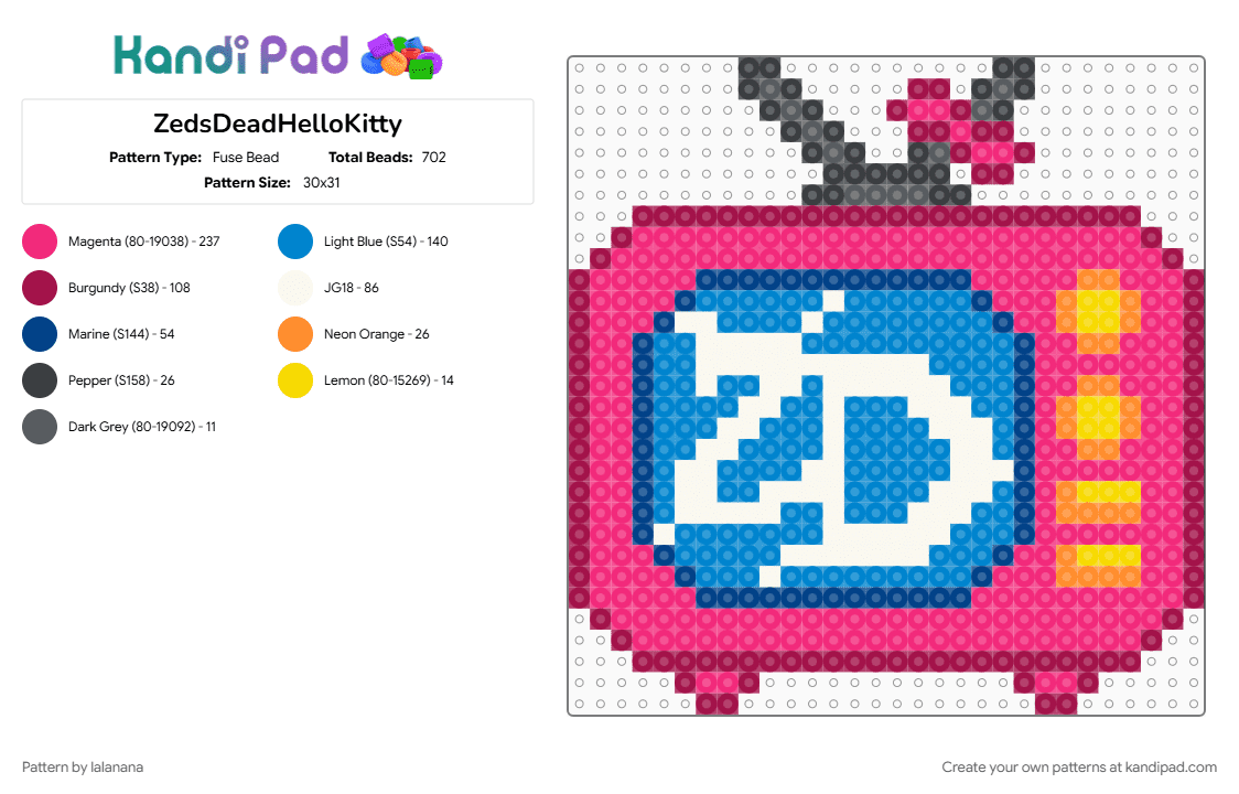 ZedsDeadHelloKitty - Fuse Bead Pattern by lalanana on Kandi Pad - blue, pink