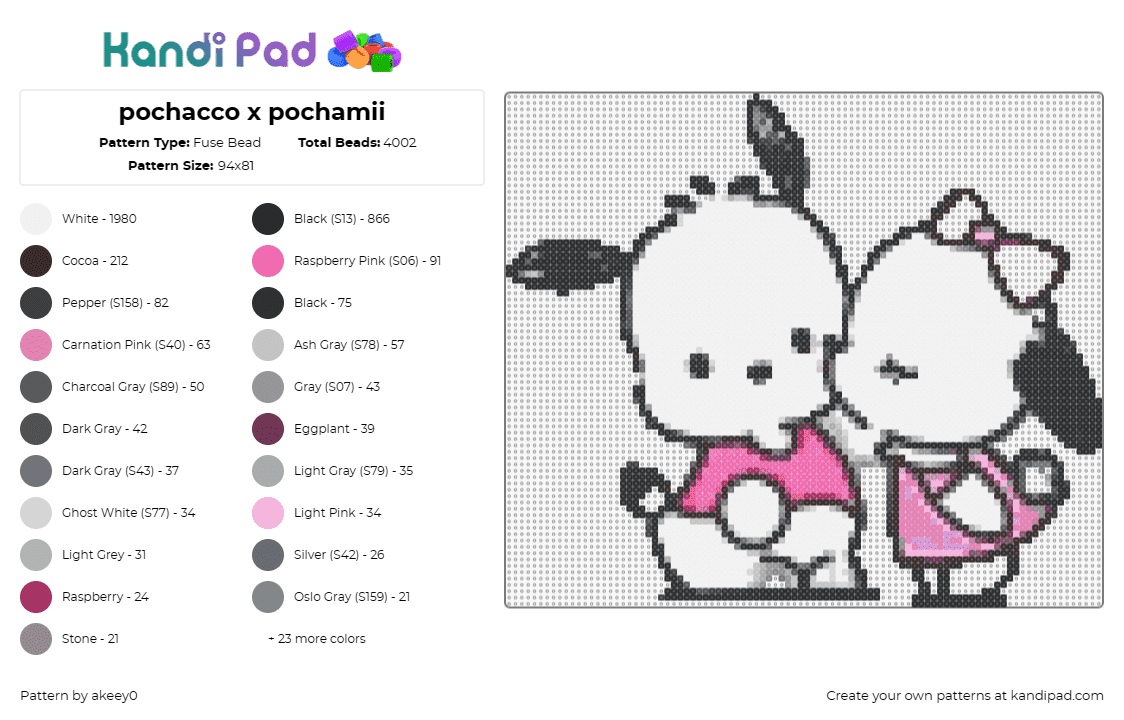 pochacco x pochamii - Fuse Bead Pattern by akeey0 on Kandi Pad - pochacco,pochamii,sanrio,dogs,characters,kiss,cute,kawaii,white,pink