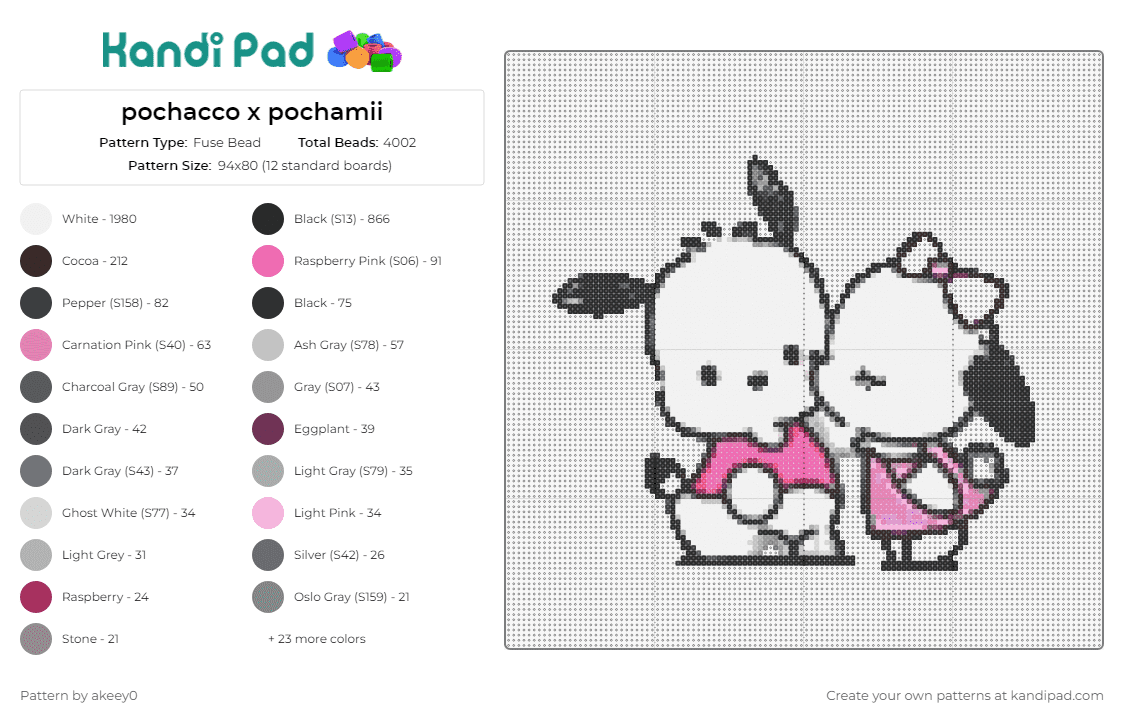 pochacco x pochamii - Fuse Bead Pattern by akeey0 on Kandi Pad - pochacco,pochamii,sanrio,dogs,characters,kiss,cute,kawaii,white,pink