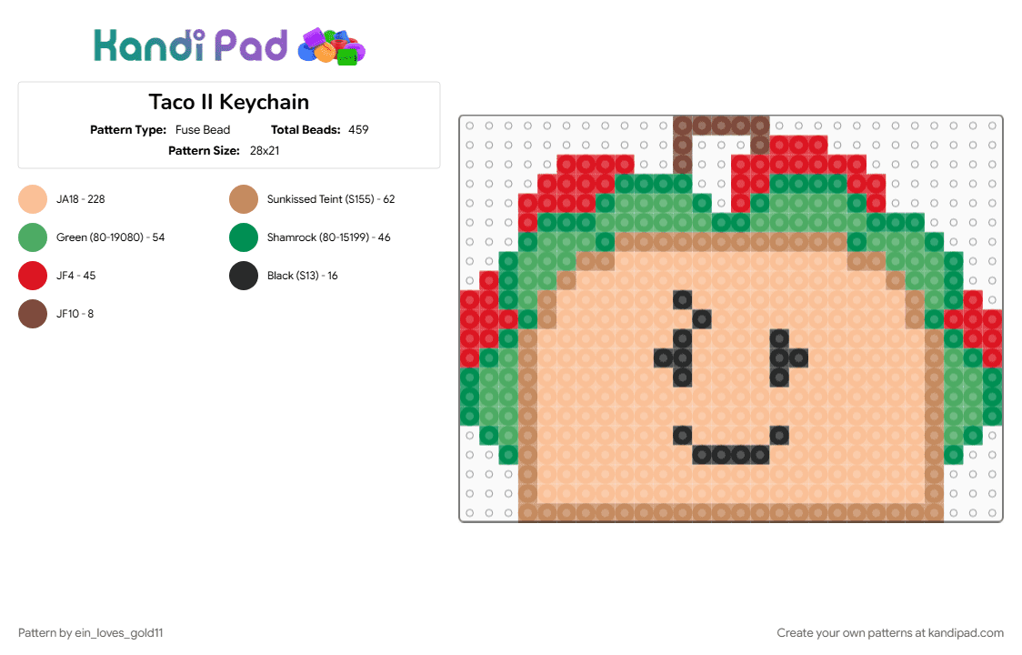 Taco II Keychain - Fuse Bead Pattern by ein_loves_gold11 on Kandi Pad - beige, green, ii, inanimate insanity, keychain, object show, osc, taco