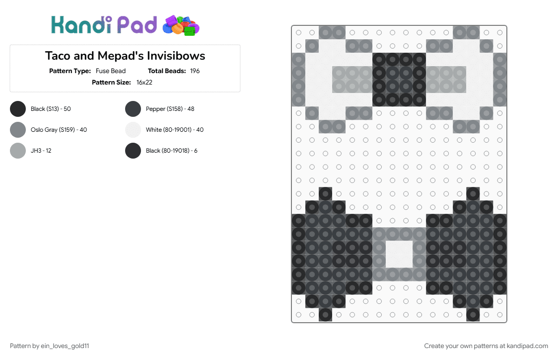 Taco and Mepad\'s Invisibows - Fuse Bead Pattern by ein_loves_gold11 on Kandi Pad - gray, ii, inanimate insanity, inanimate insanity s2, invisibow, mepad, osc, taco, tacopad, white