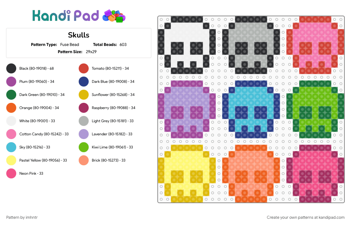 Skulls - Fuse Bead Pattern by imhntr on Kandi Pad - green, halloween, orange, pink, skulls, spooky, yellow
