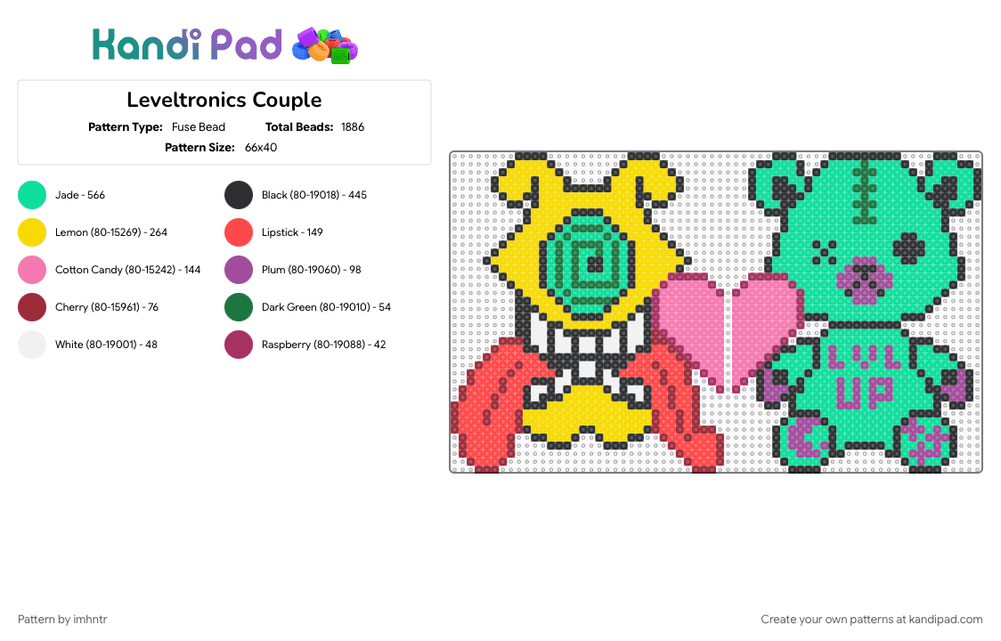 Leveltronics Couple - Fuse Bead Pattern by imhntr on Kandi Pad - couple, dj, edm, level up, pink, subtronics, teal, yellow
