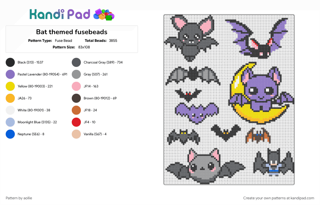 Bat themed fusebeads - Fuse Bead Pattern by aollie on Kandi Pad - black, blue, gray, yellow
