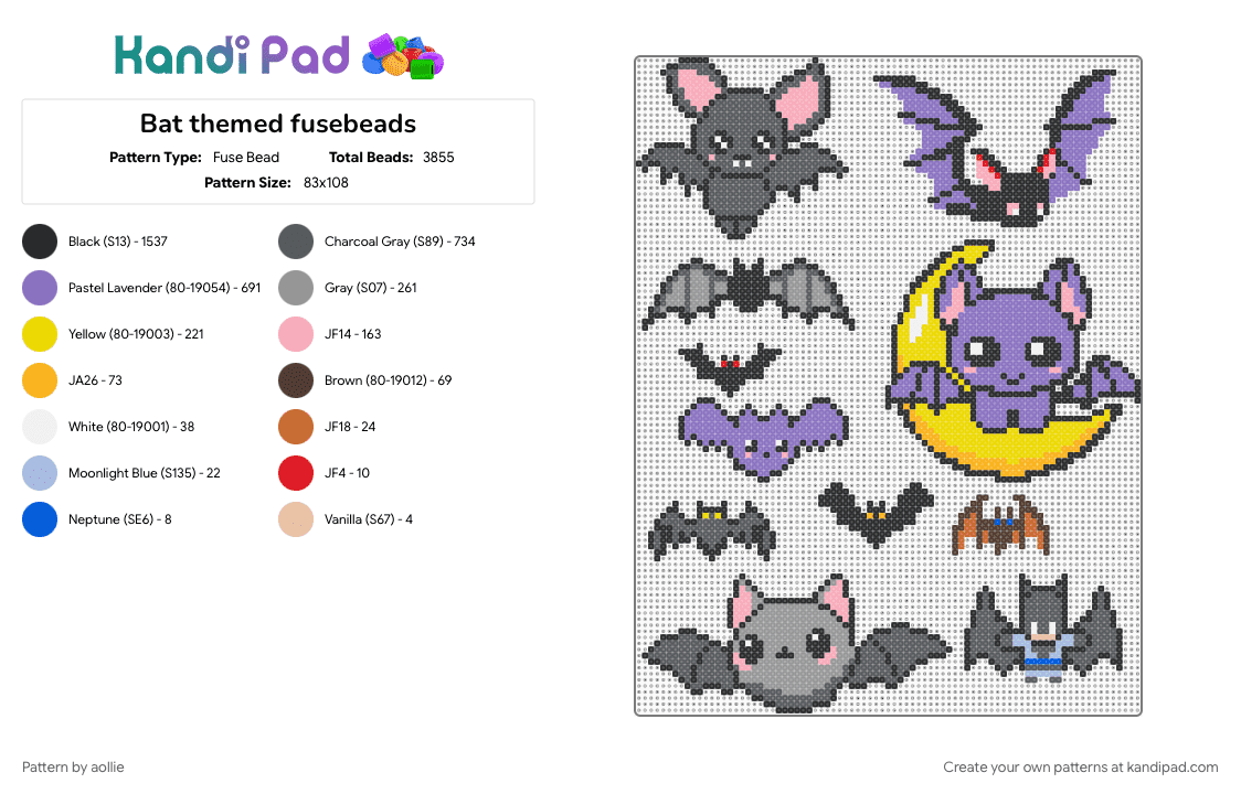 Bat themed fusebeads - Fuse Bead Pattern by aollie on Kandi Pad - black, blue, gray, yellow