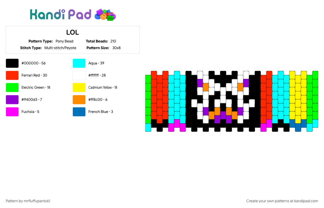 LOL - Pony Bead Pattern by mrfluffypants61 on Kandi Pad - green, light blue, red, yellow