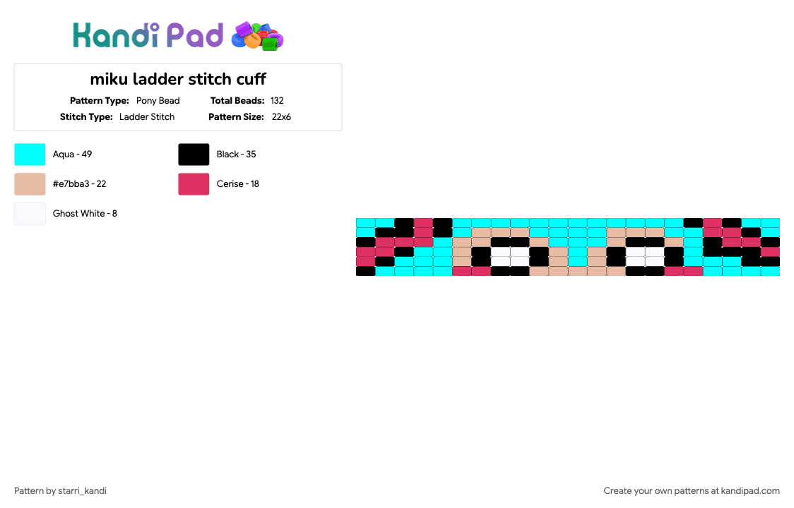 miku ladder stitch cuff - Pony Bead Pattern by starri_kandi on Kandi Pad - anime, character, hatsune miku, ladder cuff, ladder stitch, light blue, miku, pattern, video game
