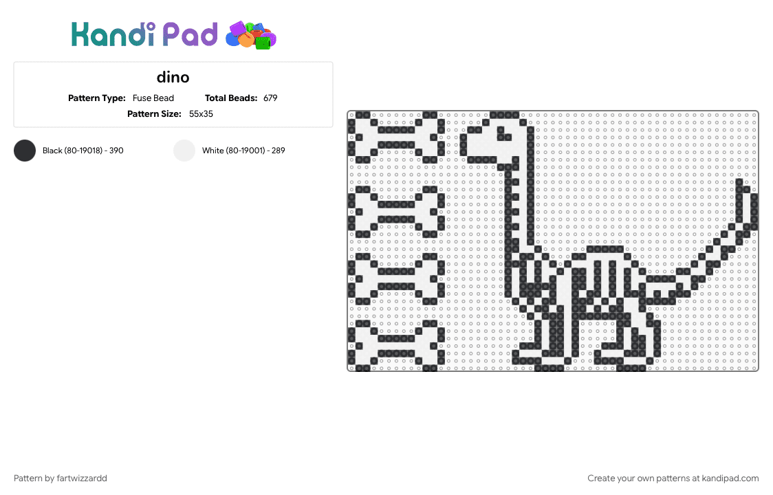 dino - Fuse Bead Pattern by fartwizzardd on Kandi Pad - black, white