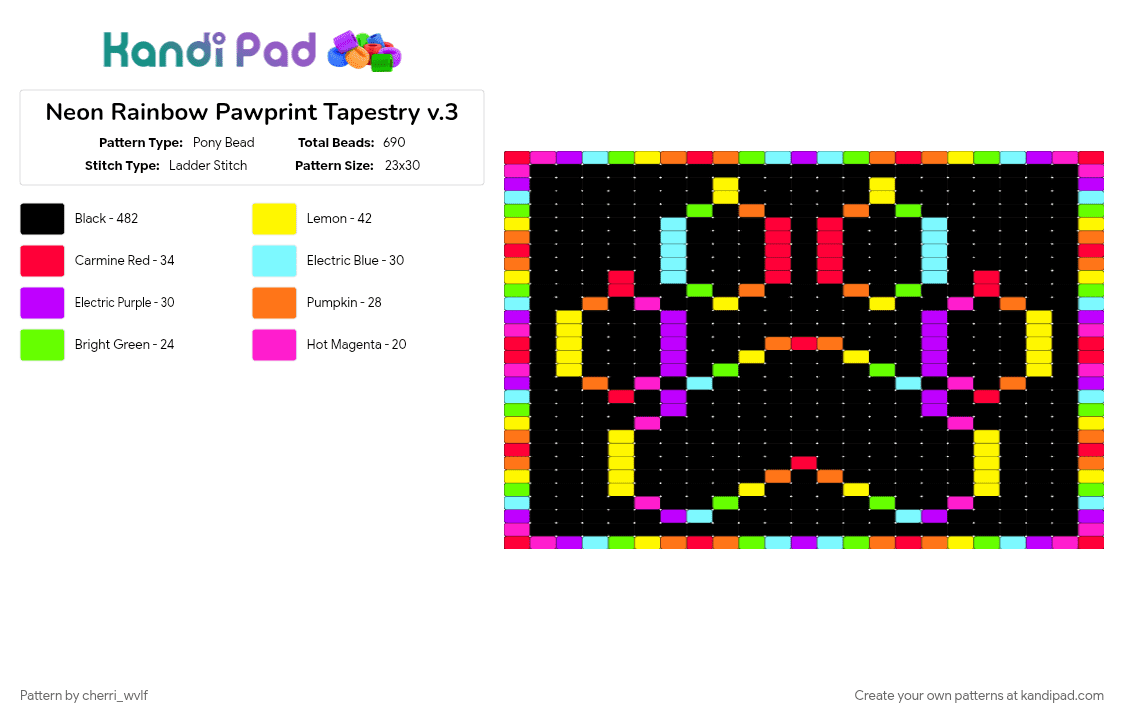 Neon Rainbow Pawprint Tapestry v.2 - Pony Bead Pattern by cherri_wvlf on Kandi Pad - black, colorful, light blue, neon, orange, paw, pawprint, pride, puppy, rainbow