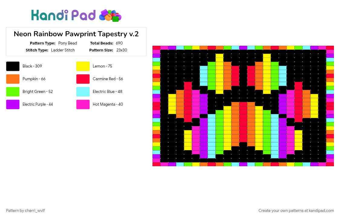 Neon Rainbow Pawprint Tapestry - Pony Bead Pattern by cherri_wvlf on Kandi Pad - black, colorful, green, orange, paw, pawprint, pride, puppy, rainbow, tapestry