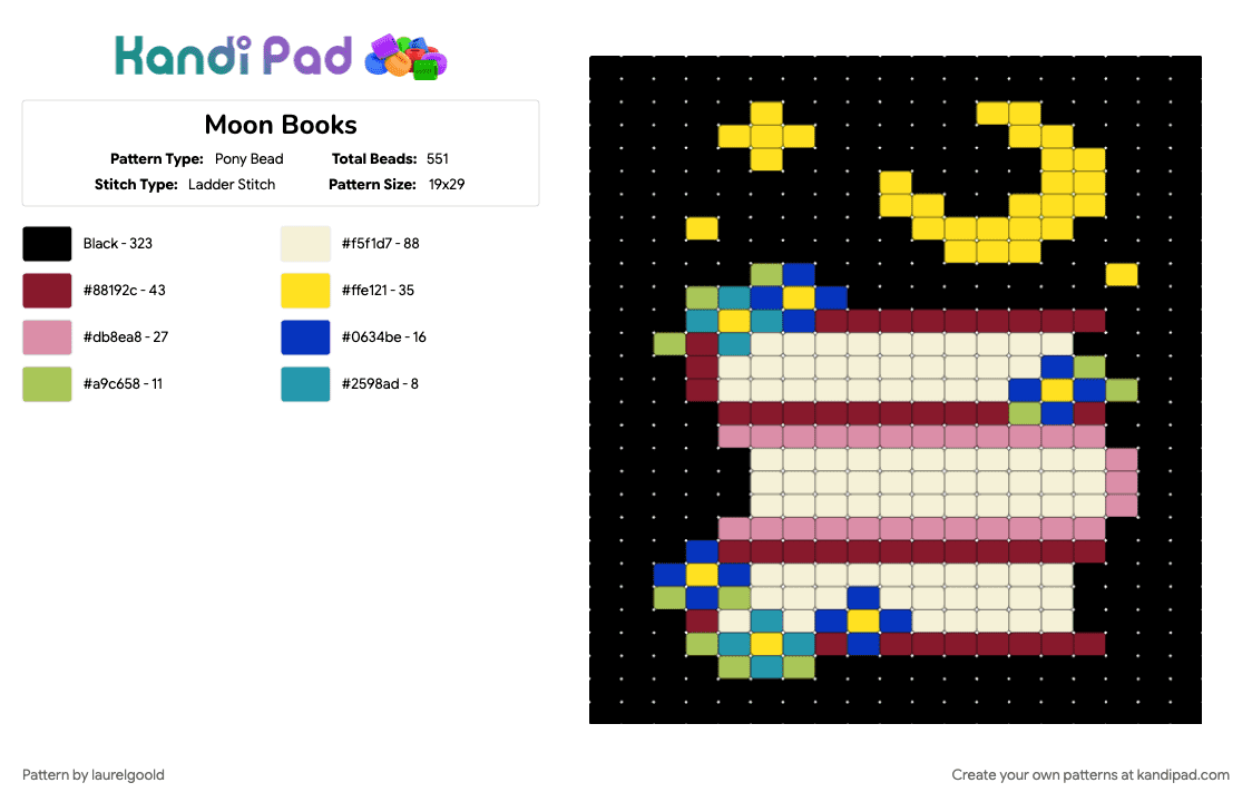 Moon Books - Pony Bead Pattern by laurelgoold on Kandi Pad - black, brown, pink, yellow