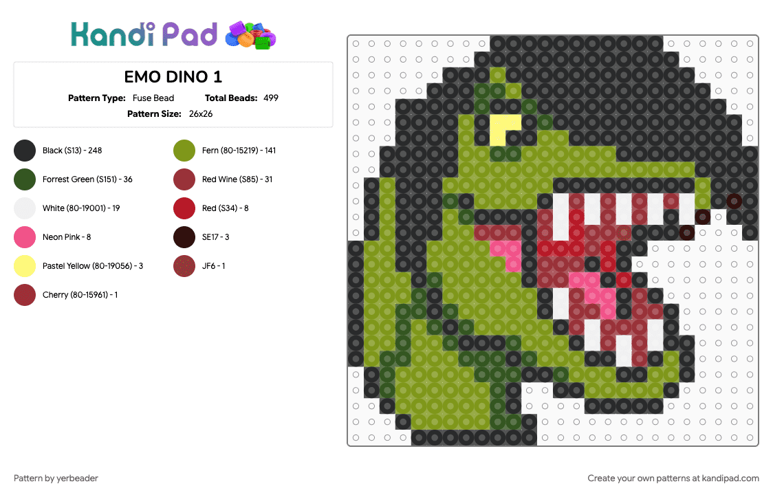 EMO DINO 1 - Fuse Bead Pattern by yerbeader on Kandi Pad - black, gold