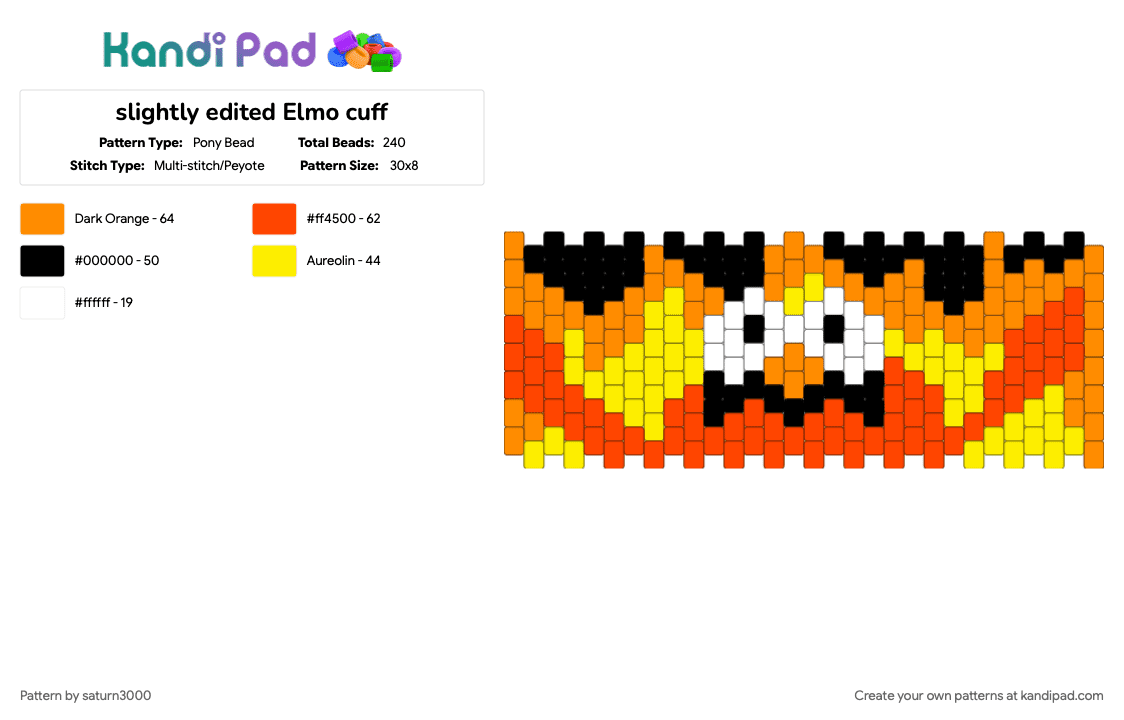 slightly edited Elmo cuff original by @astroo - Pony Bead Pattern by saturn3000 on Kandi Pad - orange, red