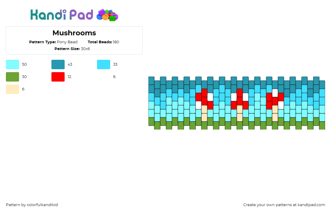 Mushrooms - Pony Bead Pattern by colorfulkandikid on Kandi Pad - mushrooms,nature,fungus,cuff,teal,red