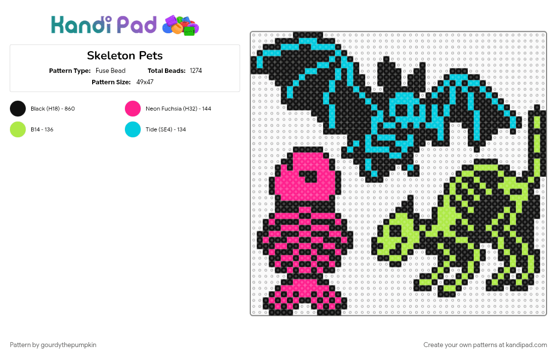 Skeleton Pets - Fuse Bead Pattern by gourdythepumpkin on Kandi Pad - black, green, halloween, light blue, pink, scene, skeleton, spooky