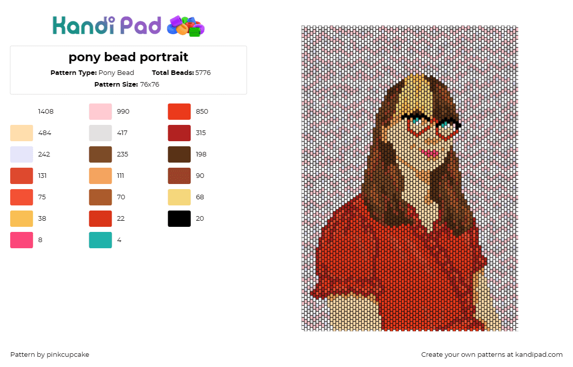 pony bead portrait - Pony Bead Pattern by pinkcupcake on Kandi Pad - portrait,glasses,female,red