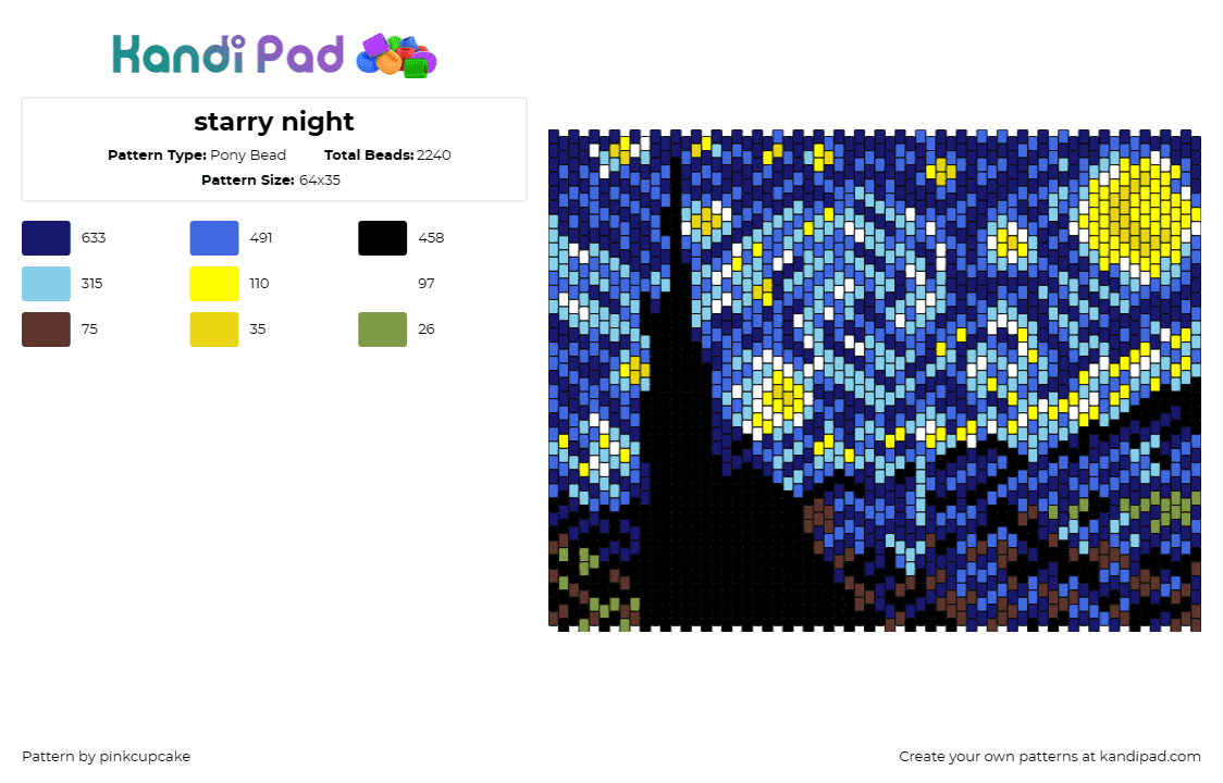 starry night - Pony Bead Pattern by pinkcupcake on Kandi Pad - starry night,van gogh,painting,art,silhouette,panel,blue