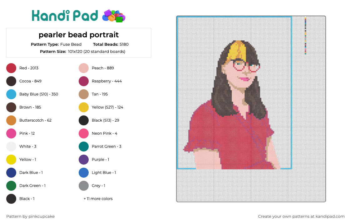 pearler bead portrait - Fuse Bead Pattern by pinkcupcake on Kandi Pad - portrait,glasses,female,red