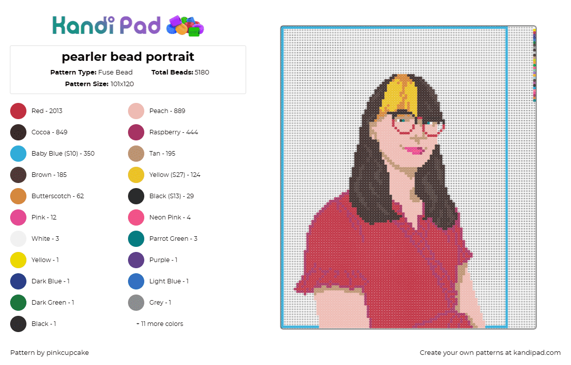 pearler bead portrait - Fuse Bead Pattern by pinkcupcake on Kandi Pad - portrait,glasses,female,red