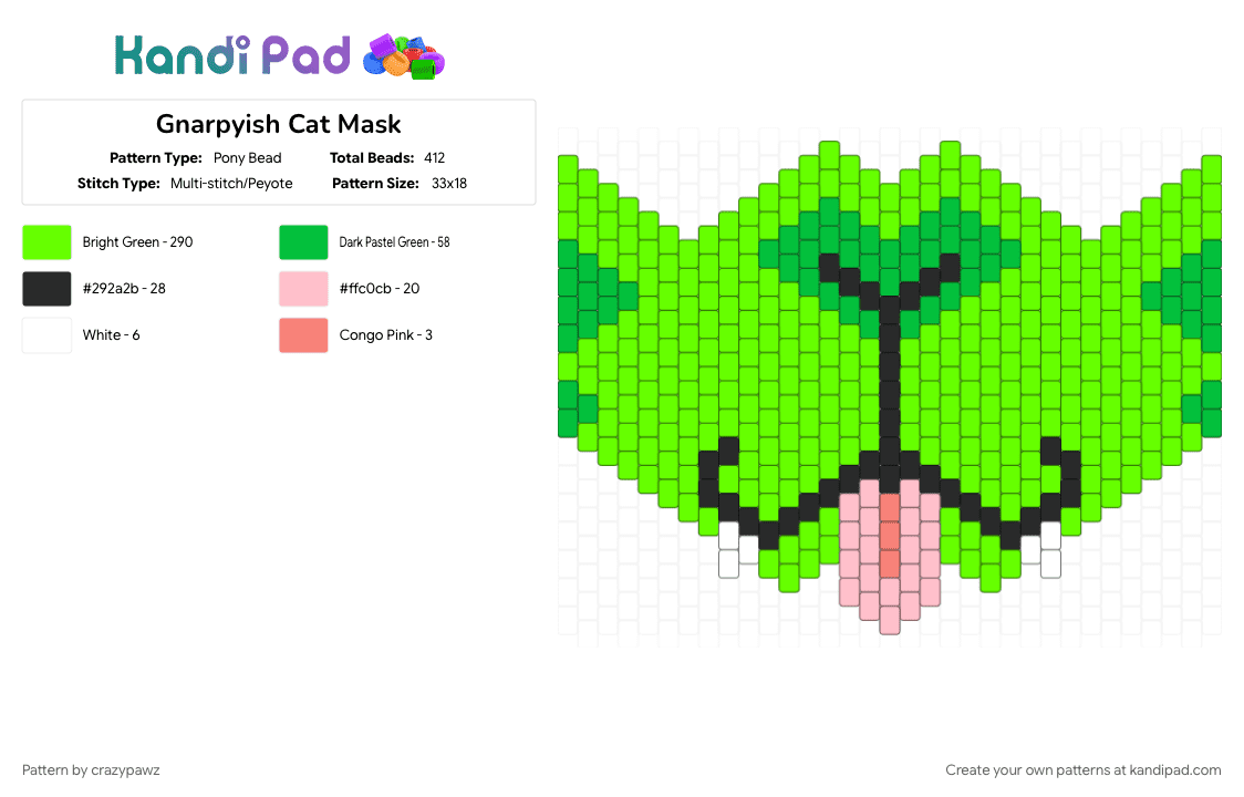 Gnarpyish Cat Mask - Pony Bead Pattern by crazypawz on Kandi Pad - alien, animal, cat, catmask, character, furry, gnarpy, green, mask