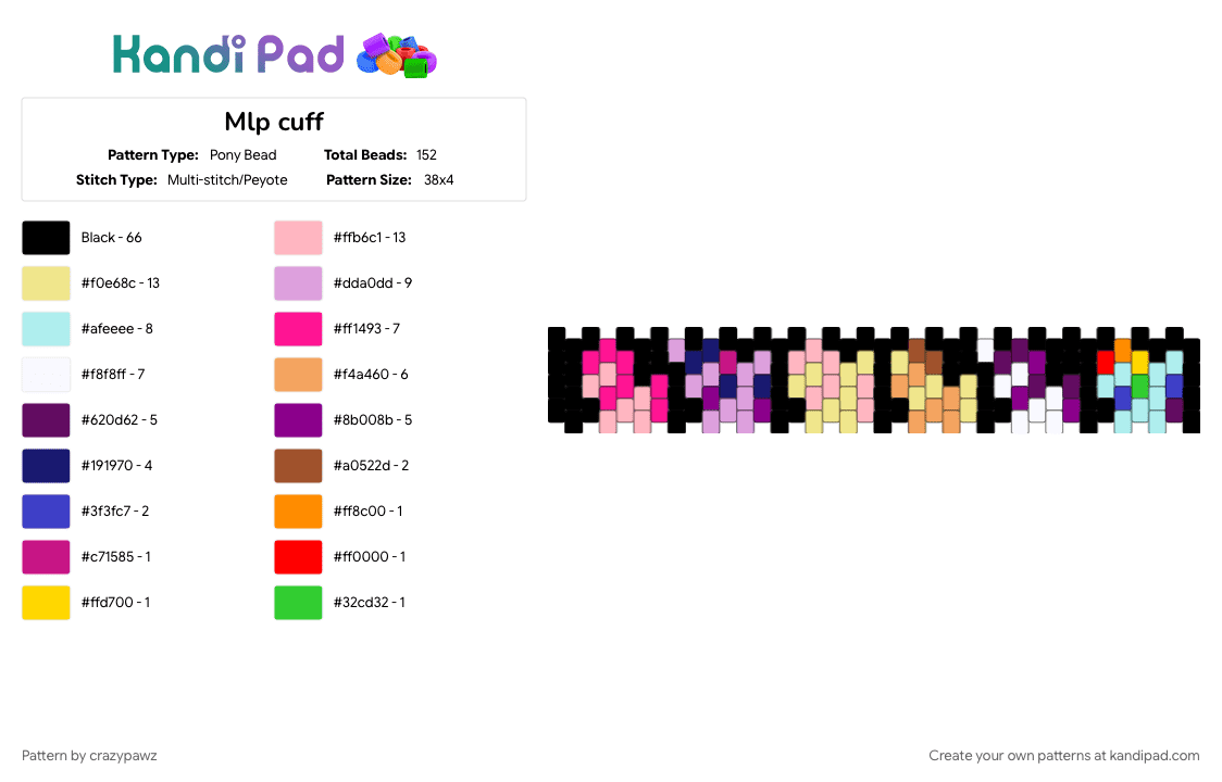 Mlp cuff - Pony Bead Pattern by crazypawz on Kandi Pad - black, character, cuff, cute, mlp, my little pony, peyote, pink, yellow