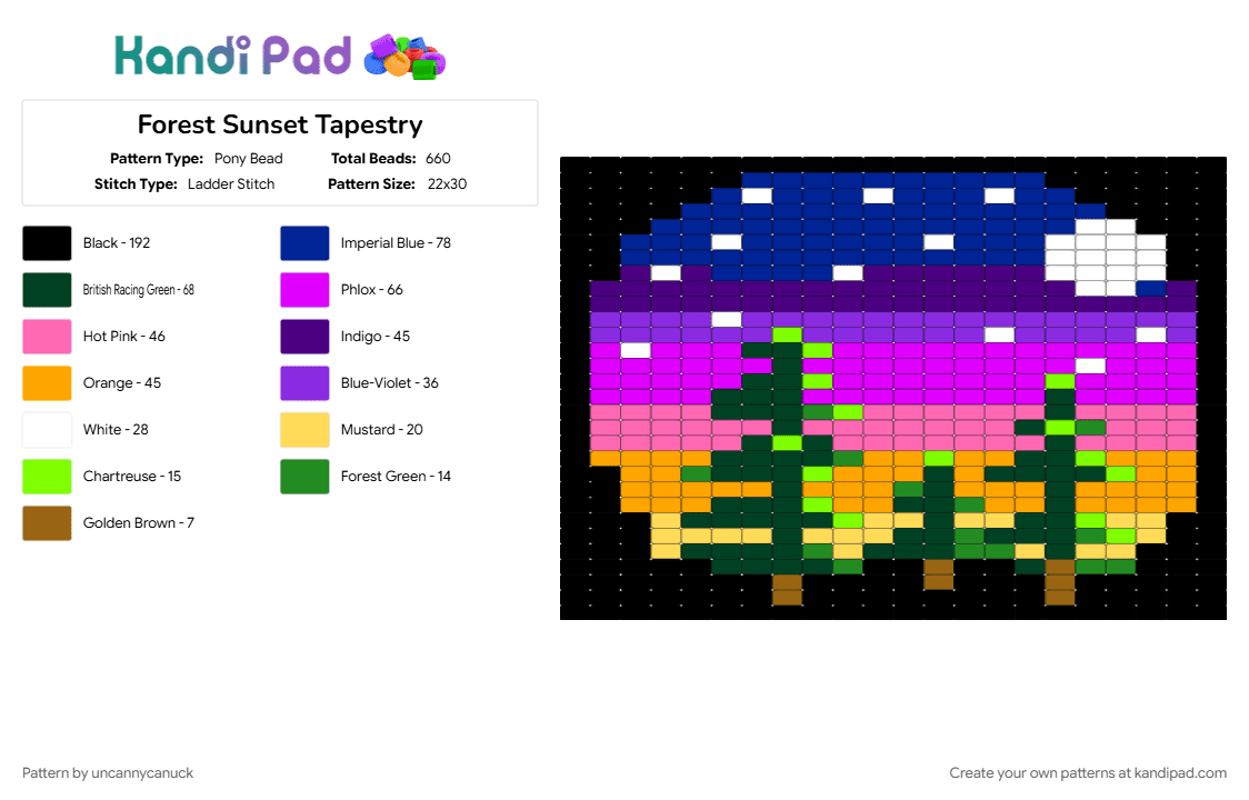 Forest Sunset Tapestry - Pony Bead Pattern by uncannycanuck on Kandi Pad - pink, purple, sunset, tapestry, trees