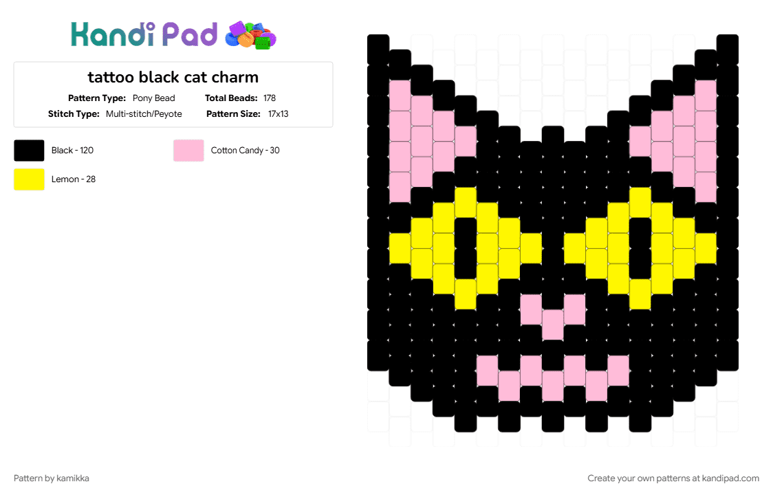 tattoo black cat charm - Pony Bead Pattern by kamikka on Kandi Pad - black, cat, charm, cotdhauntedhouses, pink, tattoo, yellow
