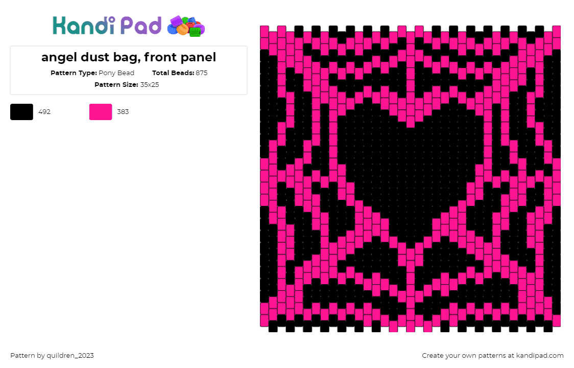 angel dust bag, front panel - Pony Bead Pattern by quildren_2023 on Kandi Pad - angel dust,heart,web,dark,panel,bag,neon,pink,black