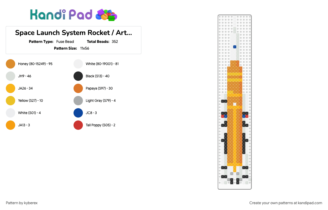 Space Launch System Rocket / Artemis 2 Rocket - Fuse Bead Pattern by kyberex on Kandi Pad - moon, nasa, nasa artemis, orange, rocket, space, white