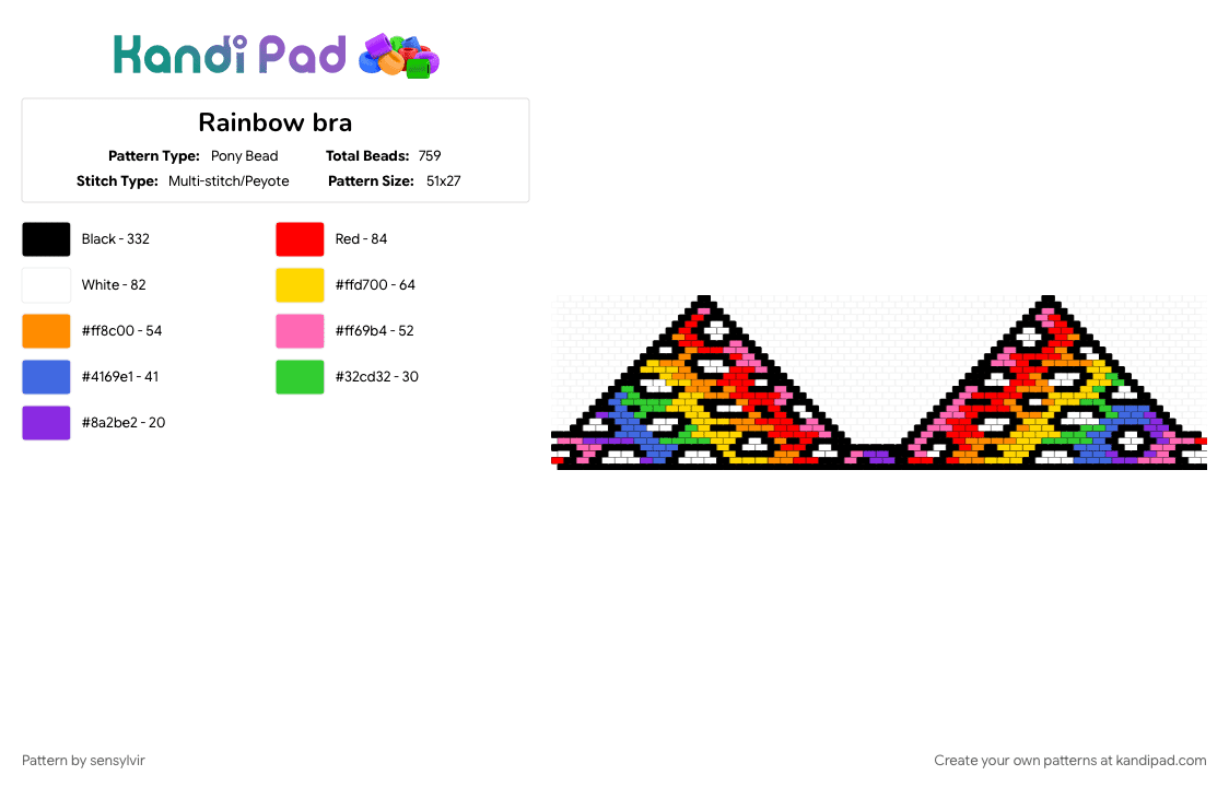 Rainbow bra - Pony Bead Pattern by sensylvir on Kandi Pad - black, colorful, orange, red