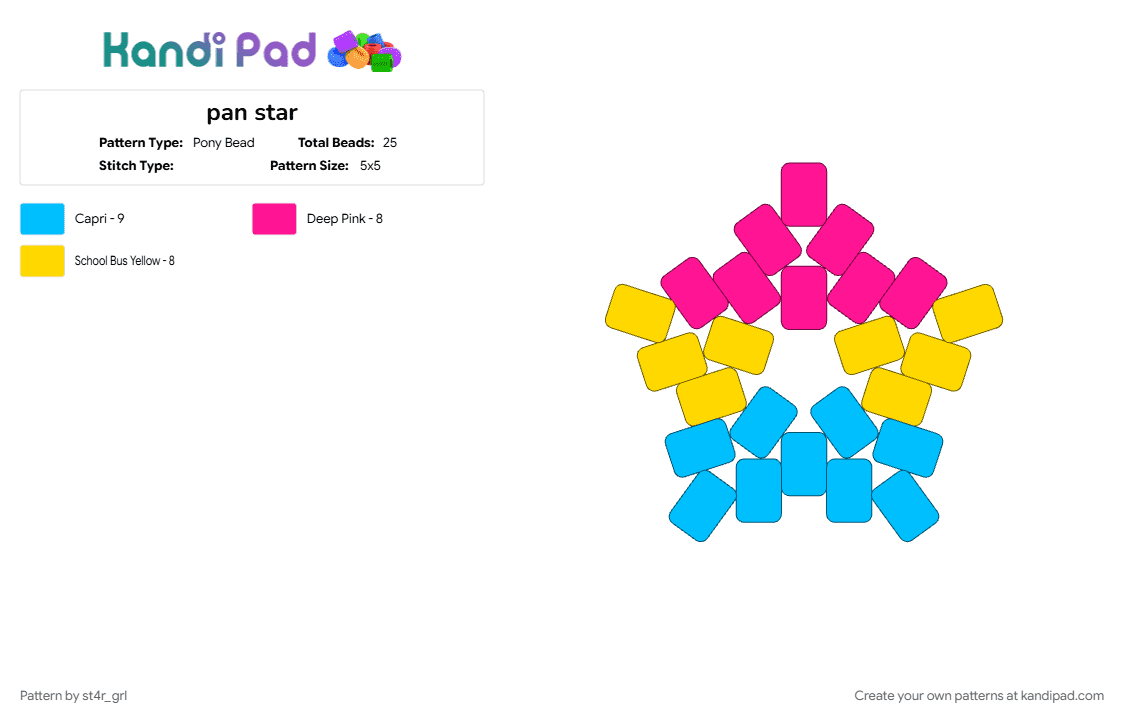 pan star - Pony Bead Pattern by st4r_grl on Kandi Pad - light blue, pink, yellow