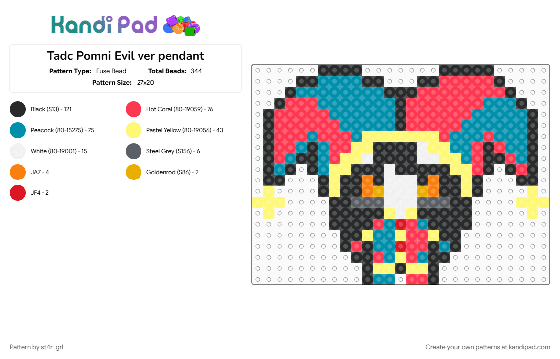 Tadc Pomni Evil ver pendant - Fuse Bead Pattern by st4r_grl on Kandi Pad - red, teal, yellow