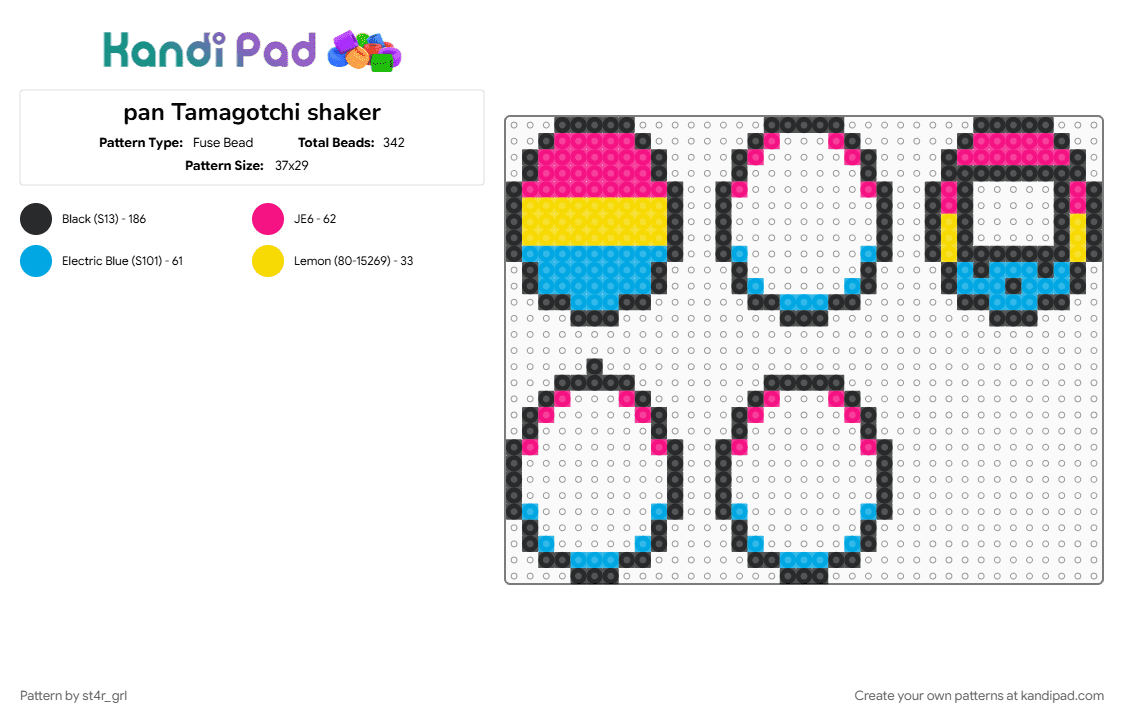 pan Tamagotchi shaker - Fuse Bead Pattern by st4r_grl on Kandi Pad - black, light blue, pink
